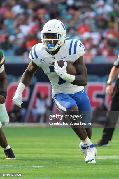 Duke Blue Devils running back Jordan Waters runs for a big gain during the game between the Duke Blue Devils and the Miami Hurricanes on Saturday,...