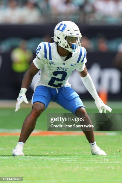 Duke Blue Devils defensive back Jaylen Stinson defends in the secondary during the game between the Duke Blue Devils and the Miami Hurricanes on...