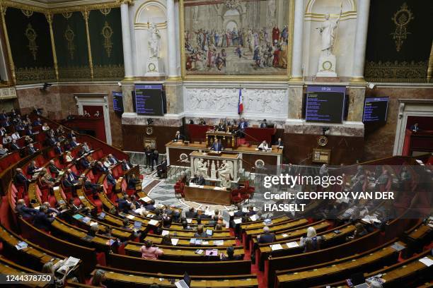 French right-wing Les Republicains 's MP Thibault Bazin speaks during a debate on a vote of no confidence from French far-right party Rassemblement...