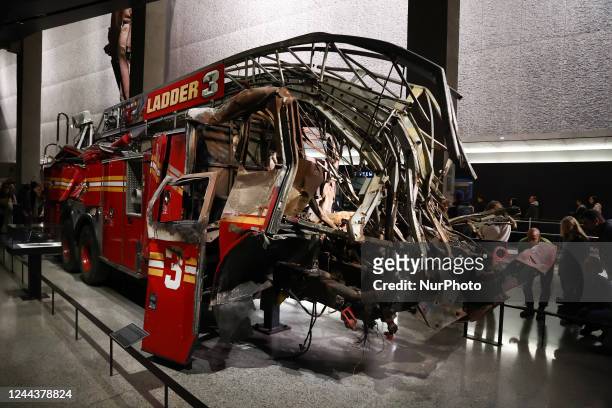 Destroyed FDNY Ladder 3 fire truck is seen inside the 9/11 Museum in New York City, United States on October 23, 2022.