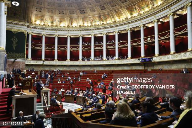 This photograph shows a general view during a debate on a vote of no confidence from French far-right party Rassemblement National and French leftist...