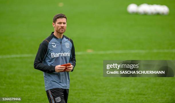 Leverkusen's Spanish head coach Xabi Alonso is pictured during a training session in Leverkusen, western Germany, on October 31 on the eve of the...