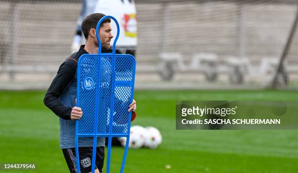 Leverkusen's Spanish head coach Xabi Alonso is pictured during a training session in Leverkusen, western Germany, on October 31 on the eve of the...