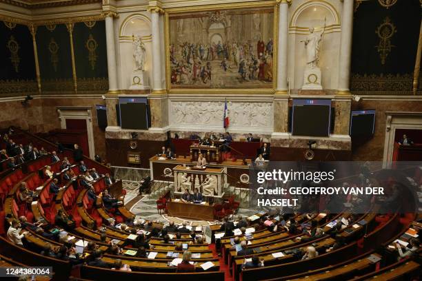 French Prime Minister Elisabeth Borne speaks during a debate on a vote of no confidence from French far-right party Rassemblement National and French...