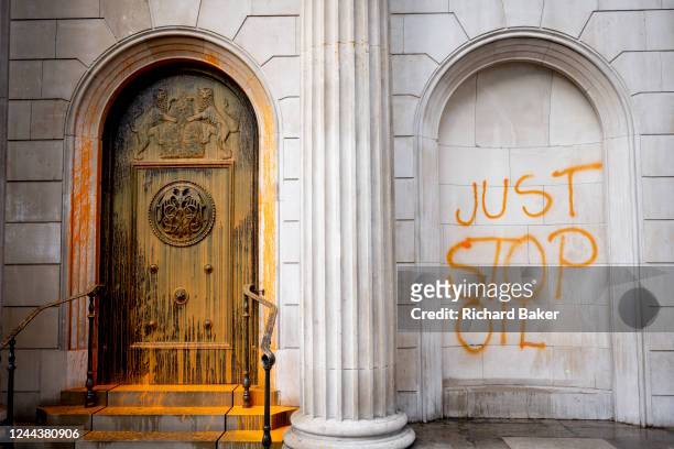 The aftermath of the spraying of yellow paint on the walls of the Bank of England by members of the climate change activists group 'Just Stop Oil' in...