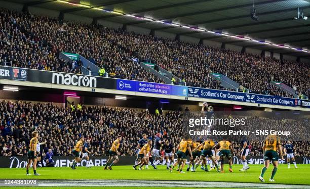 General view of a line out during an Autumn Nations Series match between Scotland and Australia at BT Murrayfield, on October 29 in Edinburgh,...