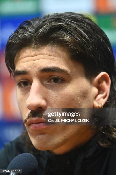 Barcelona's Spanish defender Hector Bellerin looks on during a press conference in Plzen, Czech Republic, on October 31 on the eve of the UEFA...