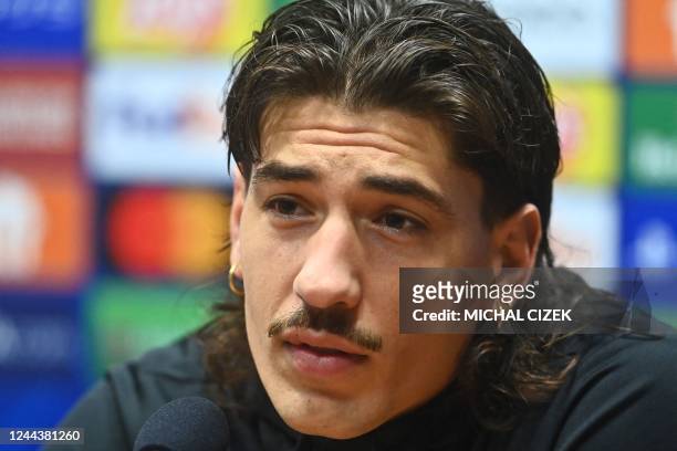 Barcelona's Spanish defender Hector Bellerin looks on during a press conference in Plzen, Czech Republic, on October 31 on the eve of the UEFA...