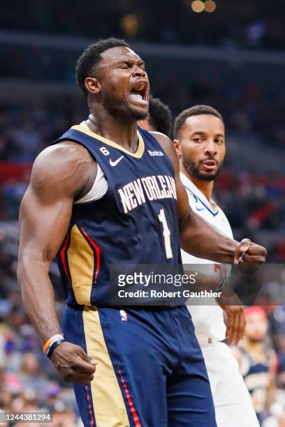 Los Angeles, CA, Sunday, October 30, 2022 - New Orleans Pelicans forward Zion Williamson yells out after making a tough shot late in the game against...