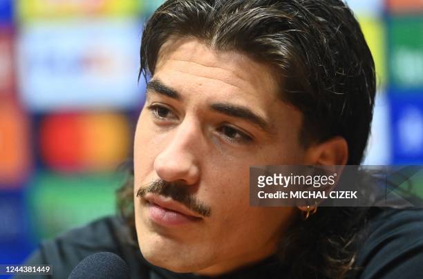 Barcelona's Spanish defender Hector Bellerin looks on during a press conference in Plzen, Czech Republic, on October 31 on the eve of the UEFA...