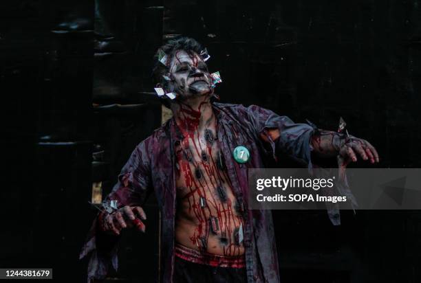 Man with Halloween make-up and dressed in a costume poses for photographs during the Halloween celebrations at popular tourist street Khaosan Road in...