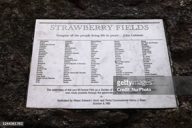 Strawberry Fields sign in Central Park in New York, United States, on October 22, 2022.