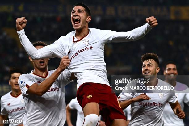 Romas Italian forward Cristian Volpato celebrates after he scored a second goal for his team during the Italian Serie A football match between Hellas...