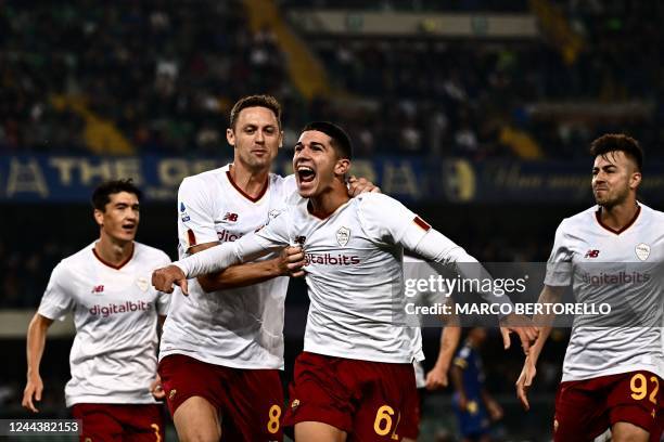 Romas Italian forward Cristian Volpato celebrates after he scored a second goal for his team during the Italian Serie A football match between Hellas...