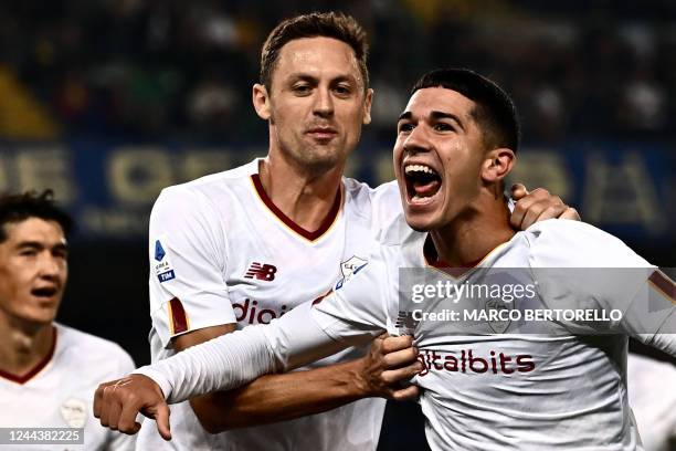 Romas Italian forward Cristian Volpato celebrates after he scored a second goal for his team during the Italian Serie A football match between Hellas...