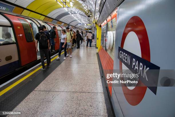 London underground subway train station with Jubilee Line and Victoria Line at Green Park station in Mayfair, city of Westminster in London, England,...