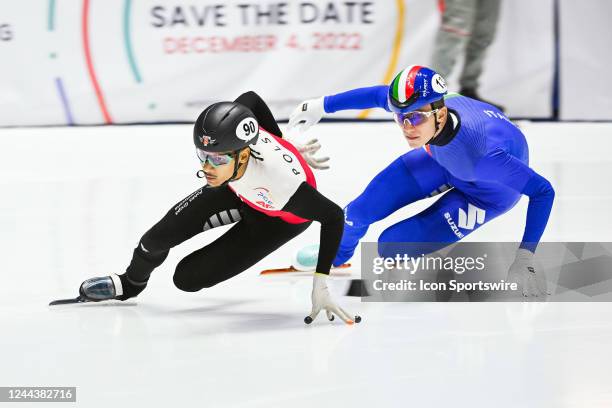 Diane Sellier takes a turn during the 500m preliminaries at ISU World Cup Short Track 1 on October 28 at Maurice-Richard Arena in Montreal, QC