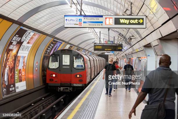 London underground subway train station with Jubilee Line and Victoria Line at Green Park station in Mayfair, city of Westminster in London, England,...