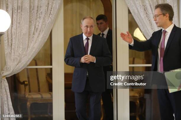 Russian President Vladimir Putin enters the hall during his press conference at the Rus Sanatorium , October 2022, in Sochi, Russia. Leaders of...