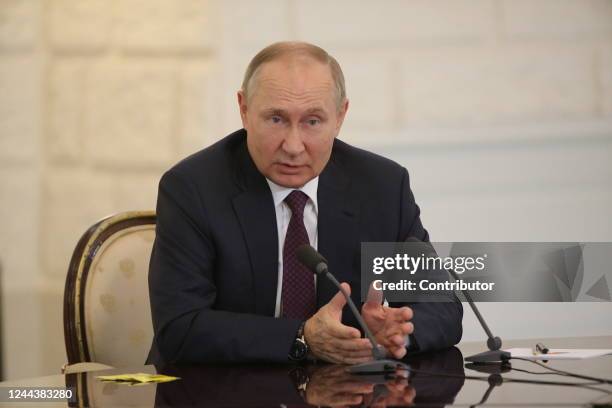 Russian President Vladimir Putin speaks during his press conference at the Rus Sanatorium , October 2022, in Sochi, Russia. Leaders of Russia,...