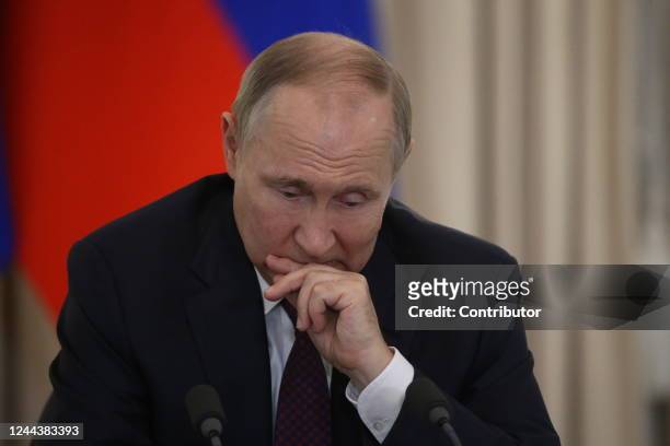 Russian President Vladimir Putin speaks during his press conference at the Rus Sanatorium , October 2022, in Sochi, Russia. Leaders of Russia,...