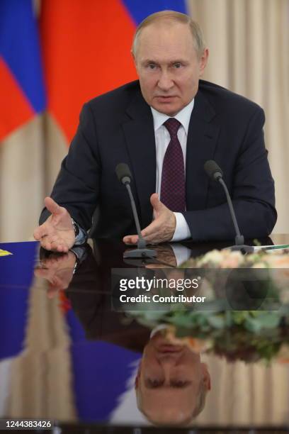 Russian President Vladimir Putin speaks during his press conference at the Rus Sanatorium , October 2022, in Sochi, Russia. Leaders of Russia,...