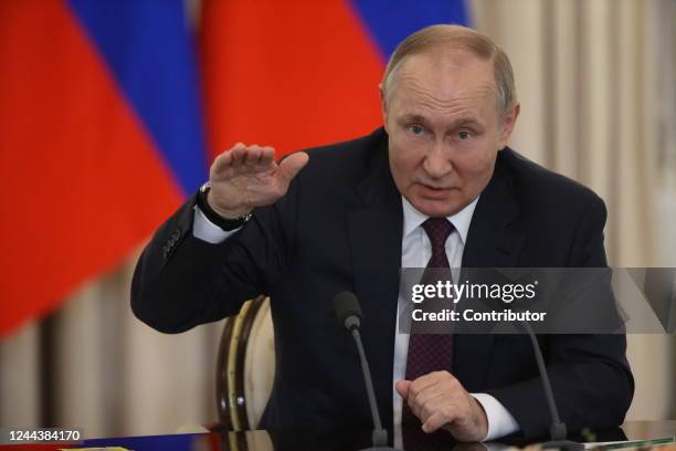 Russian President Vladimir Putin speaks during his press conference at the Rus Sanatorium , October 2022, in Sochi, Russia. Leaders of Russia,...