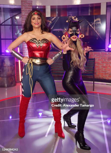 Lourdes Stephen and Jessica Carrillo are seen on the set of Telemundo's "Al Rojo Vivo" as they celebrate Halloween on October 31, 2022 in Doral,...