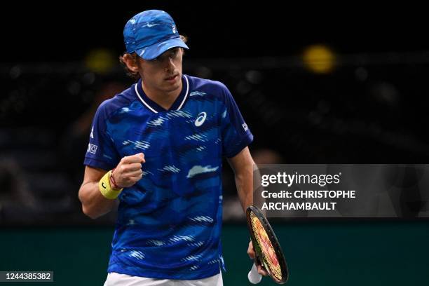 Australia's Alex De Minaur reacts during the men's singles match between US' Sebastian Korda and Australia's Alex De Minaur on day one of the ATP...