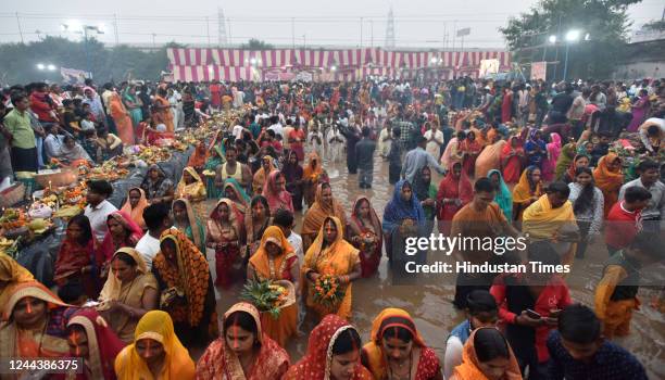 Large number of devotees offered Arghya to the rising sun on the occasion of Chhath festival at Geeta colony pond on October 31, 2022 in New Delhi,...