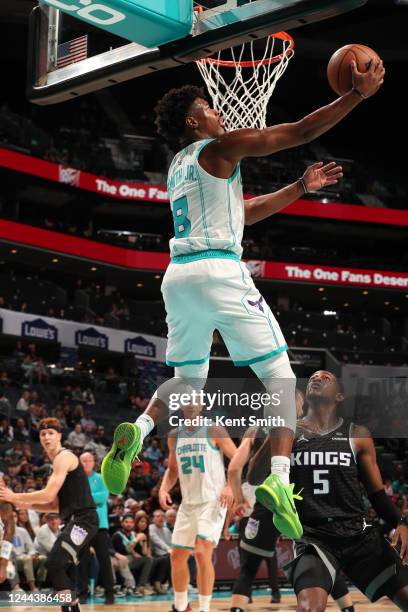 Dennis Smith Jr. #8 of the Charlotte Hornets drives to the basket during the game against the Sacramento Kings on October 31, 2022 at Spectrum Center...