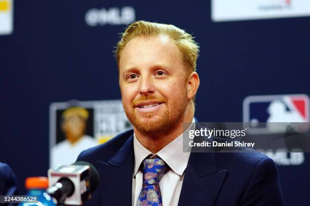 Roberto Clemente Award winner Justin Turner of the Los Angeles Dodgers speaks during the Clemente Award press conference prior to Game 3 of the 2022...