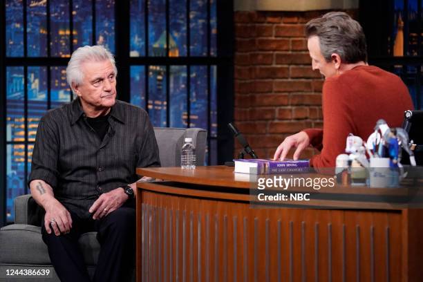 Episode 1347 -- Pictured: Novelist John Irving during an interview with host Seth Meyers on October 31, 2022 --