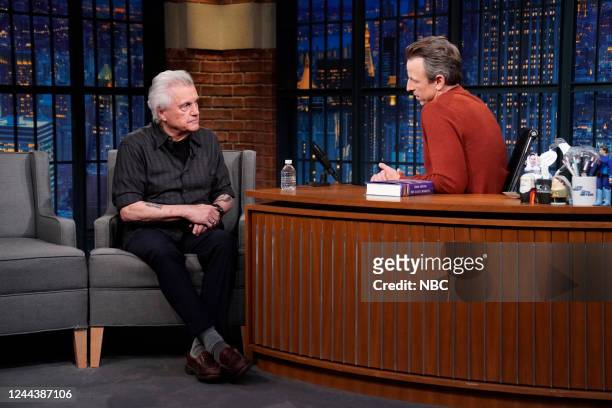 Episode 1347 -- Pictured: Novelist John Irving during an interview with host Seth Meyers on October 31, 2022 --