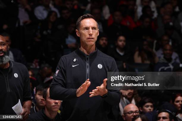 Head Coach Steve Nash of the Brooklyn Nets looks on during the game against the Indiana Pacers on October 31, 2022 at Barclays Center in Brooklyn,...