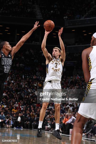 Chris Duarte of the Indiana Pacers shoots the ball during the game against the Brooklyn Nets on October 31, 2022 at Barclays Center in Brooklyn, New...