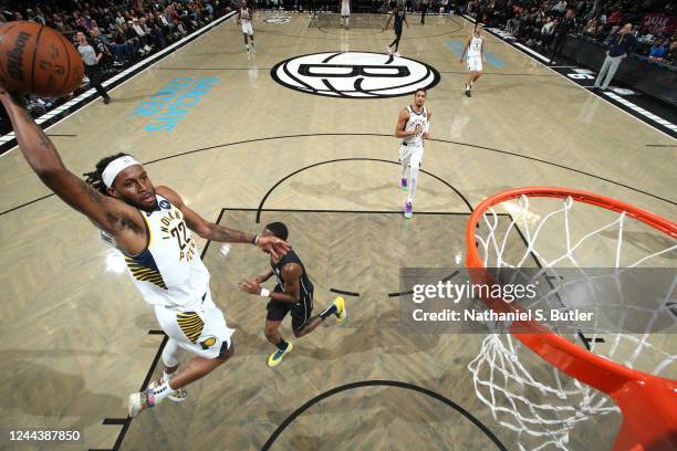 Isaiah Jackson of the Indiana Pacers dunks the ball during the game against the Brooklyn Nets on October 31, 2022 at Barclays Center in Brooklyn, New...