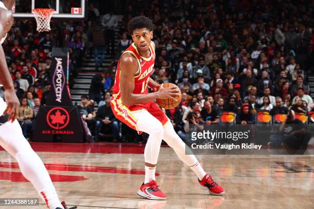 De'Andre Hunter of the Atlanta Hawks handles the ball during the game against the Toronto Raptors on October 31, 2022 at the Scotiabank Arena in...