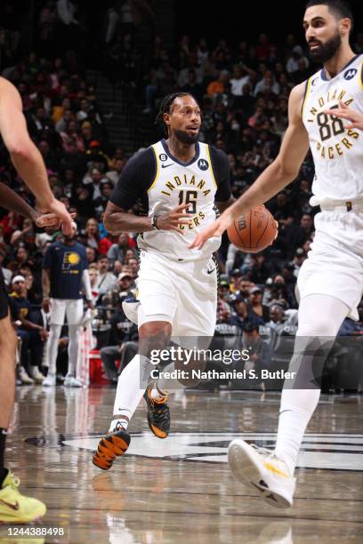 James Johnson of the Indiana Pacers dribbles the ball during the game against the Brooklyn Nets on October 31, 2022 at Barclays Center in Brooklyn,...