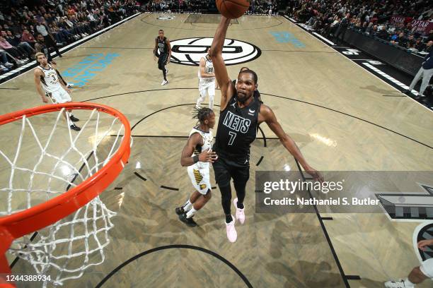 Kevin Durant of the Brooklyn Nets dunks the ball during the game against the Indiana Pacers on October 31, 2022 at Barclays Center in Brooklyn, New...