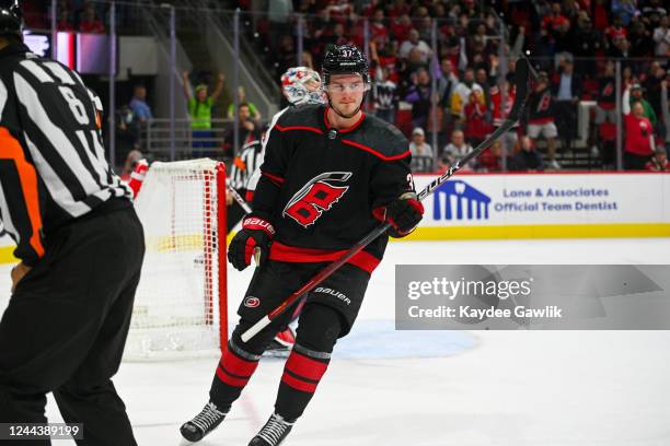 Andrei Svechnikov of the Carolina Hurricanes scores the game winning shootout goal to secure the 3-2 NHL victory over the Washington Capitals at PNC...