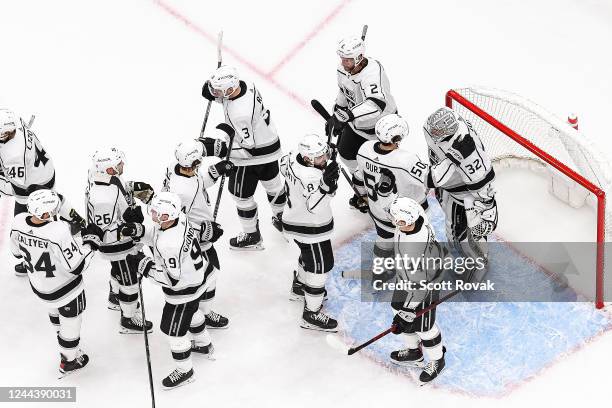 Jonathan Quick of the Los Angeles Kings is congratulated after defeating the St. Louis Blues at the Enterprise Center on October 31, 2022 in St....