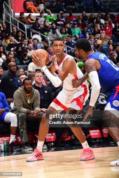 Jabari Smith Jr. #1 of the Houston Rockets handles the ball during the game against the LA Clippers on October 31, 2022 at Crypto.Com Arena in Los...