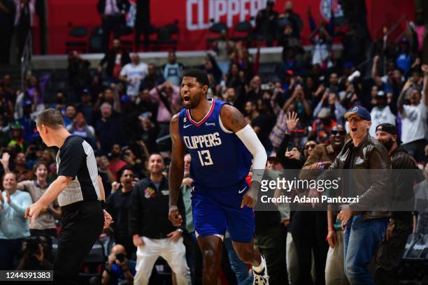 Paul George of the LA Clippers celebrates the game winning shot during the game against the Houston Rockets on October 31, 2022 at Crypto.Com Arena...