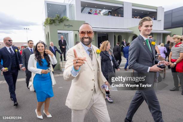 Archie Thompson in the Birdcage during 2022 Melbourne Cup Day at Flemington Racecourse on November 01, 2022 in Melbourne, Australia.