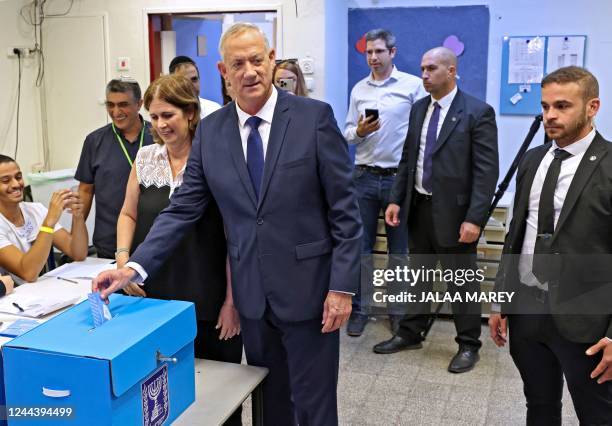 Israeli Defence Minister Benny Gantz , head of the new center-right "National Unity Party" or Hamahane Hamamlachti in Hebrew, casts his ballot as he...
