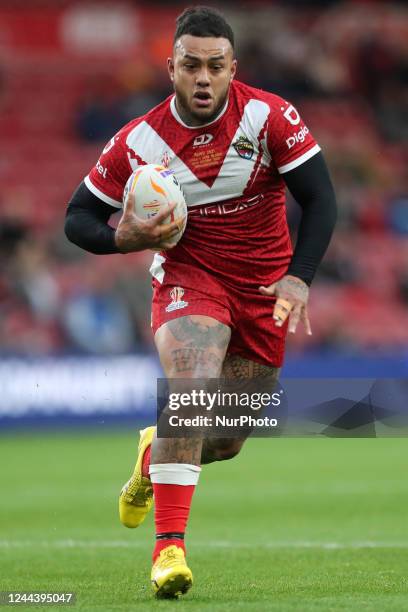 Tonga's Addin Fonua-Blake in action during the 2021 Rugby League World Cup Pool D match between Tonga and Cook Islands at the Riverside Stadium,...