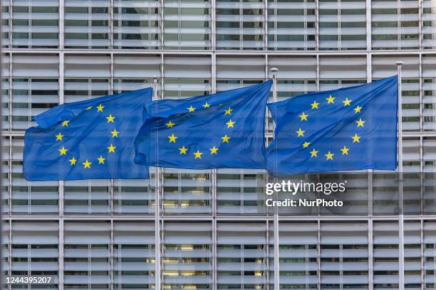 Flags of Europe as seen waving on a pole. The European Flag is the symbol of Council of Europe COE and the European Union EU as seen in the Belgian...