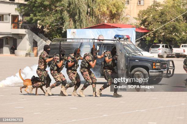 The Hamas security forces members show their skills in a drill held during a graduation ceremony in Gaza City. The Gaza strip has been under a...