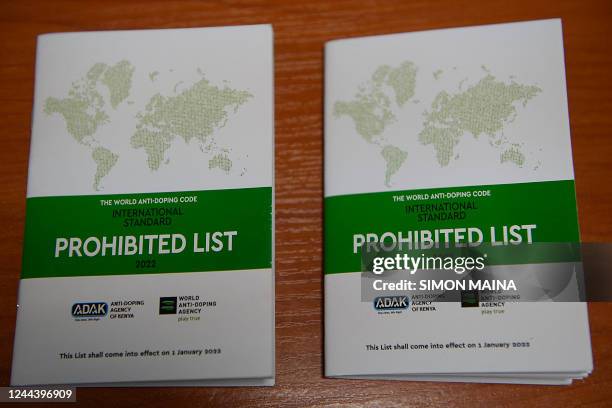 World Anti-Doping Agency code booklets on prohibited substances for athletes is seen at the Anti Doping Agency of Kenya's offices in Nairobi, on...